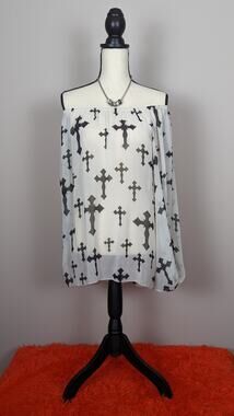 R Rouge Cream & Black Gothic Cross Elastic Neck Long Sleeve Sheer Blouse 2XL